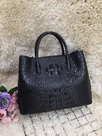 Womens Crocodile Skin Leather Satchel Bag 30cm Black