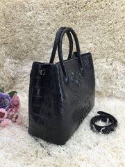 Womens Crocodile Skin Leather Satchel Bag 30cm Black