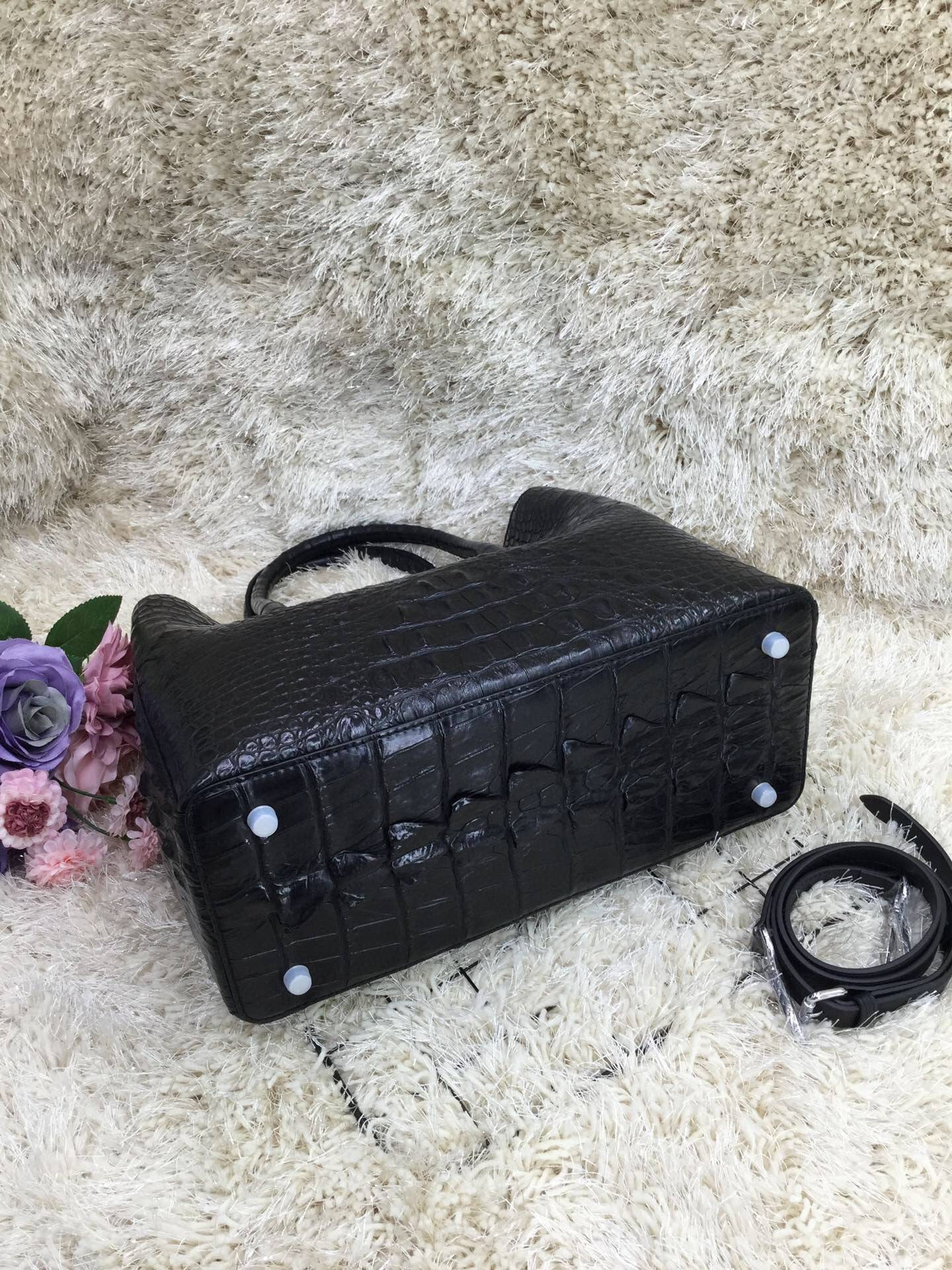 Womens Crocodile Skin Leather Satchel Bag 30cm Black