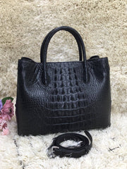 Womens Crocodile Skin Leather Satchel Bag 30cm Black