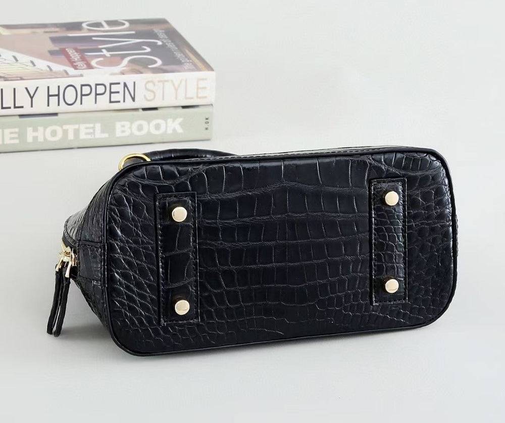 Womens Genuine Crocodile Leather Medium Shell Promennade Trapezoid Cross Body Bag Black