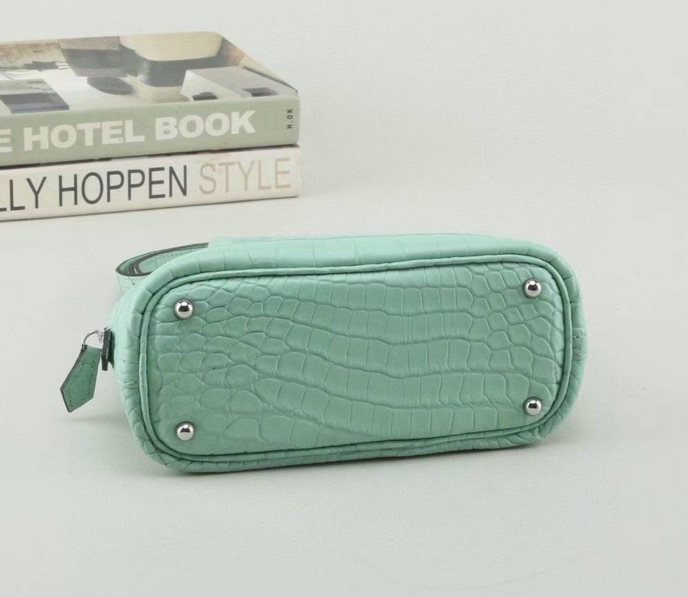 Womens Genuine Crocodile Leather Small Shell Promennade Trapezoid Cross Body Bag Pale Green