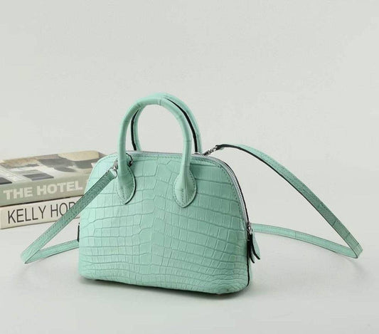 Womens Genuine Crocodile Leather Small Shell Promennade Trapezoid Cross Body Bag Pale Green