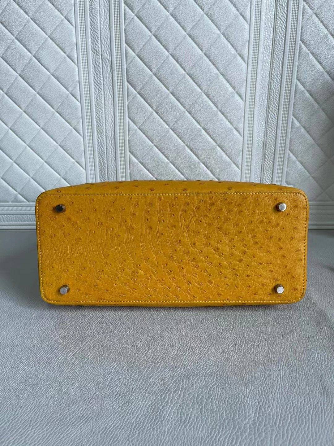 Womens Ostrich Leather Top Handle Shoulder Cross Body Bags Coral Blue & Yellow 33cm