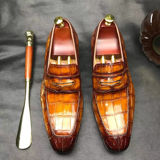 Crocodile Shoes Men's Crocodile Leather Loafer Slip-On Penny Shoes