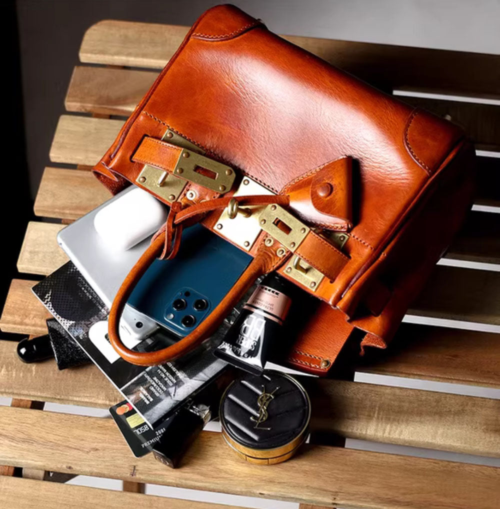 Unisex Vintage Oil Wax Leather Top Handle Bags Three Size