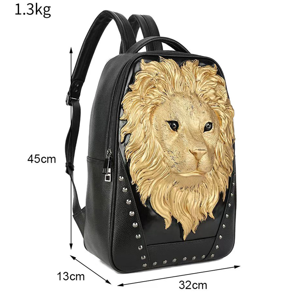 3D Leather Backpack 3D Lion Head Modeling outdoor Backpack Travel Computer Bags Large