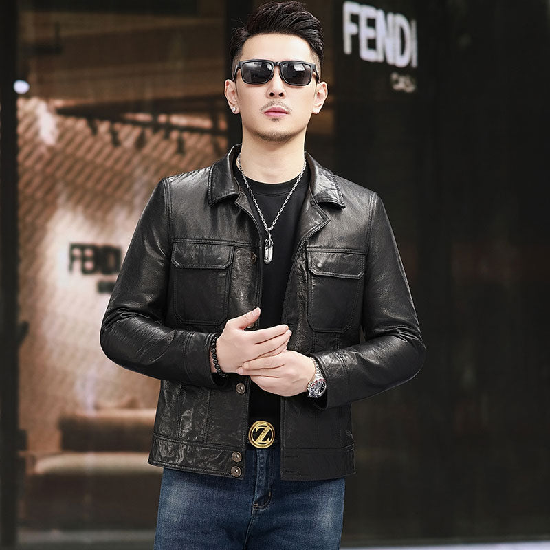 Notch Lapel Collar Leather Jacket,Button Fastening Men Calfskin Leather Jacket