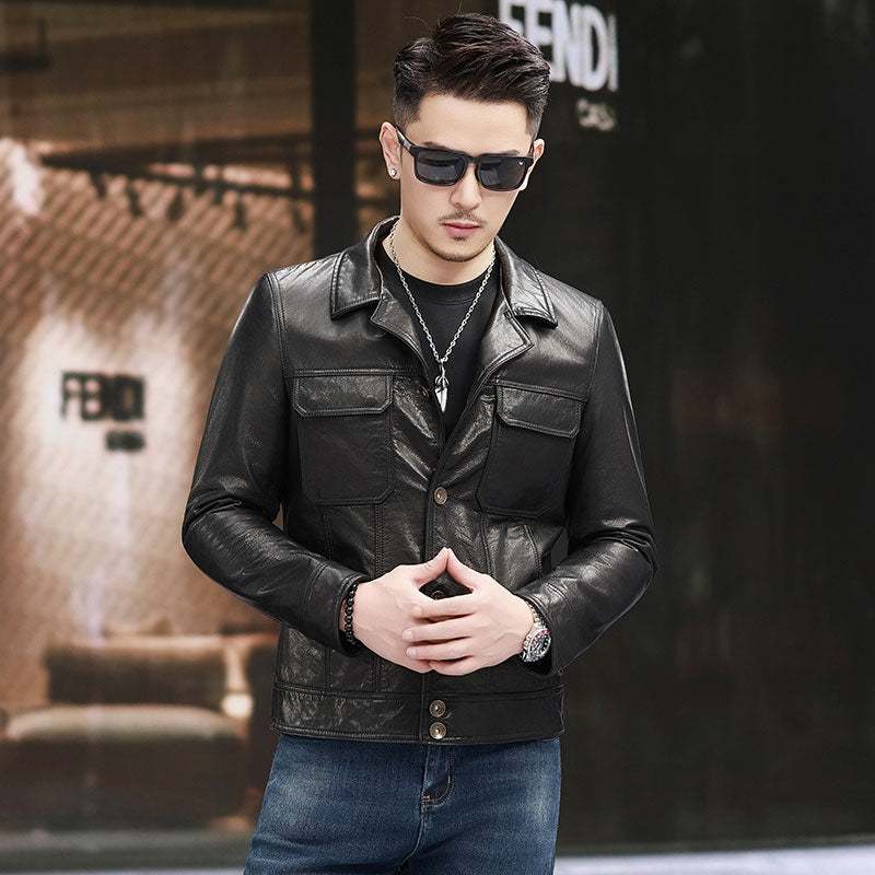 Notch Lapel Collar Leather Jacket,Button Fastening Men Calfskin Leather Jacket