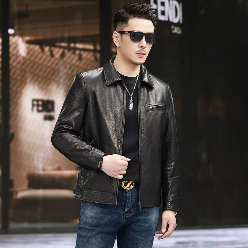 Leather Motorcycle Jacket ,Men Leather Classic Car Jacket Zipper Casual Coat Lapel ,Classic Male Slim Outwear Coats