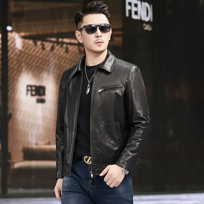 Leather Motorcycle Jacket ,Men Leather Classic Car Jacket Zipper Casual Coat Lapel ,Classic Male Slim Outwear Coats
