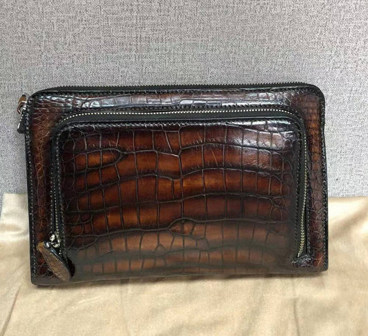 Vintage Brown Genuine Crocodile Skin Leather Wrist Handle Clutch Wallet  Bag