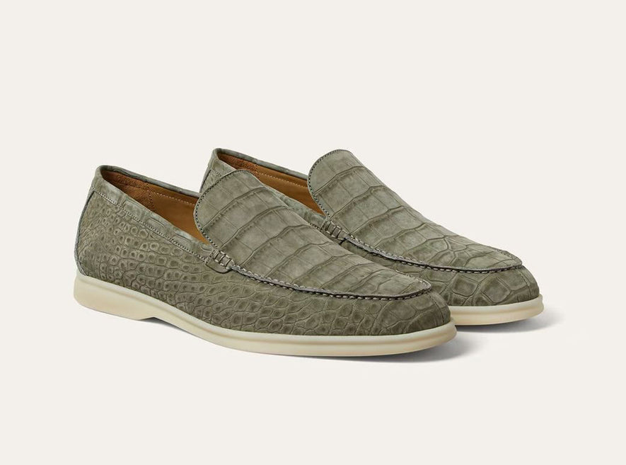 Nubuck Crocodile Shoes Men's Crocodile Leather Loafers Slip-On Dress Shoes Very Comfortable Khaki