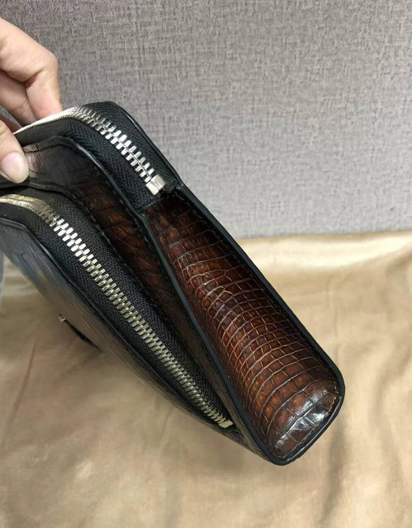 Vintage Brown Genuine Crocodile Skin Leather Wrist Handle Clutch Wallet  Bag