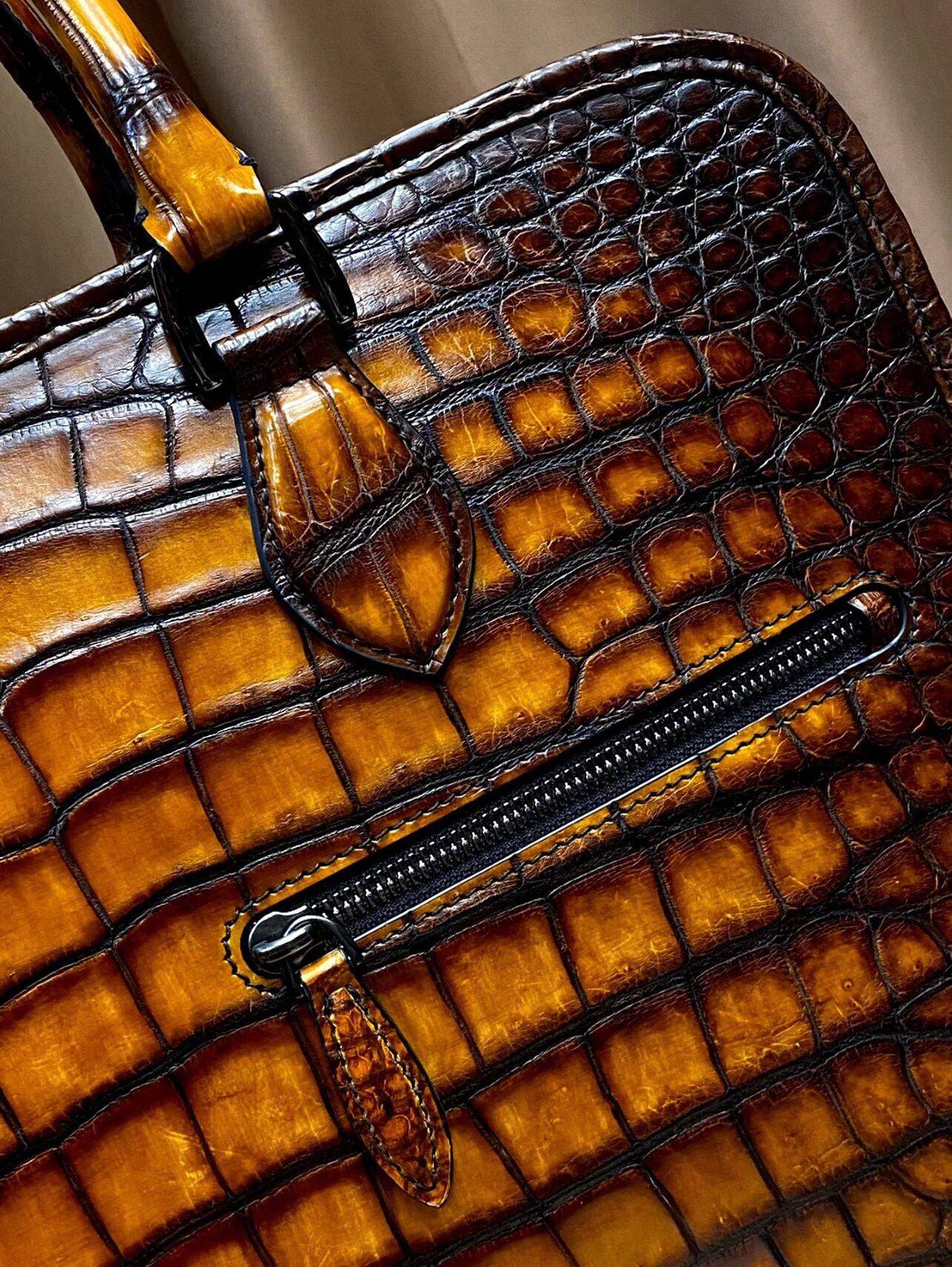 Preorder Vintage Crocodile Briefcase, Vintage Green/ Yellow Genuine Crocodile Skin Leather Business Laptop Bag