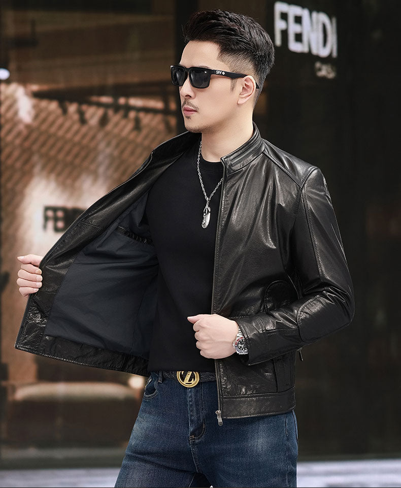 Leather Jacket , Men's Fashion Nehru Zip- Collar Leather Short Jacket