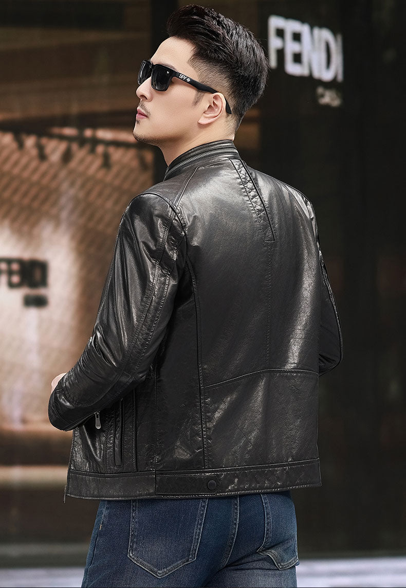 Leather Jacket , Men's Fashion Nehru Zip- Collar Leather Short Jacket