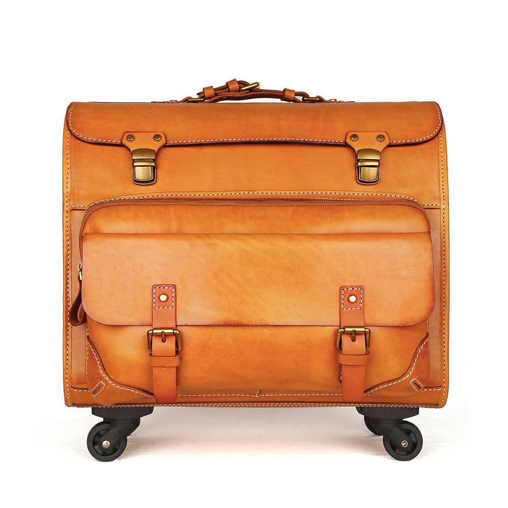 20" Vintage Vegetable Tanned Leather Carry-On Rolling Luggage, Universal Spinner Old Vintage Vegetable Tanned Leather Wheeled Suitcase Camel