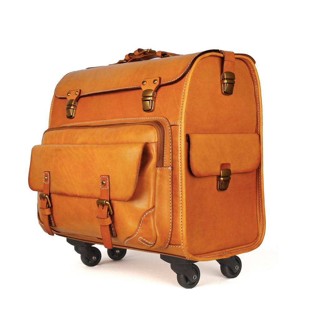 20" Vintage Vegetable Tanned Leather Carry-On Rolling Luggage, Universal Spinner Old Vintage Vegetable Tanned Leather Wheeled Suitcase Camel