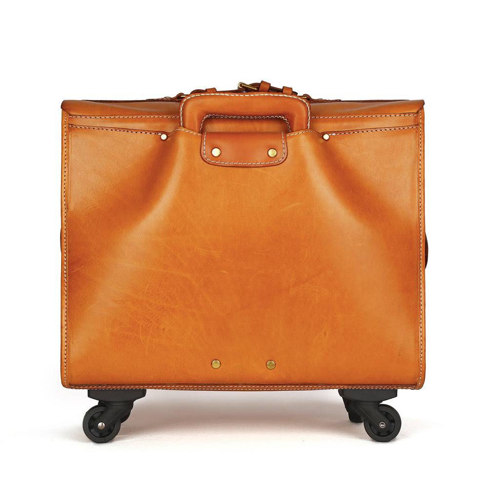 20" Vintage Vegetable Tanned Leather Carry-On Rolling Luggage, Universal Spinner Old Vintage Vegetable Tanned Leather Wheeled Suitcase Camel