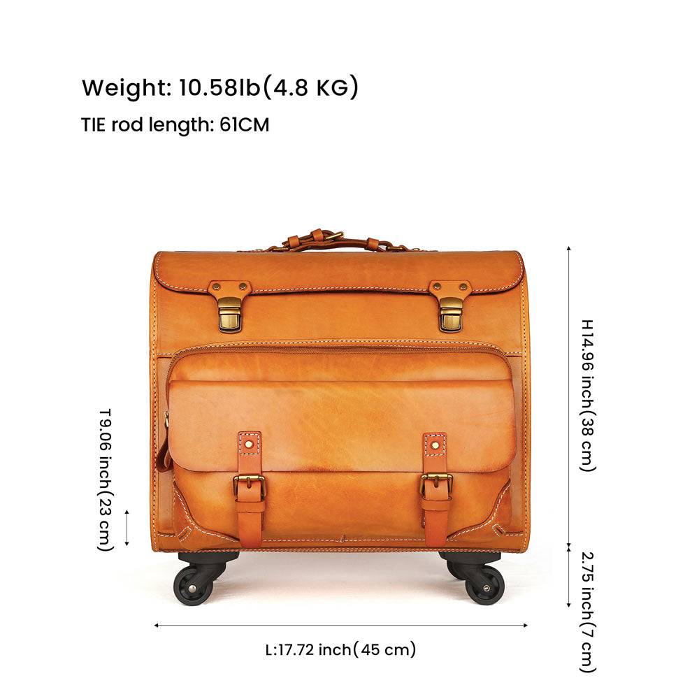 20" Vintage Vegetable Tanned Leather Carry-On Rolling Luggage, Universal Spinner Old Vintage Vegetable Tanned Leather Wheeled Suitcase Camel