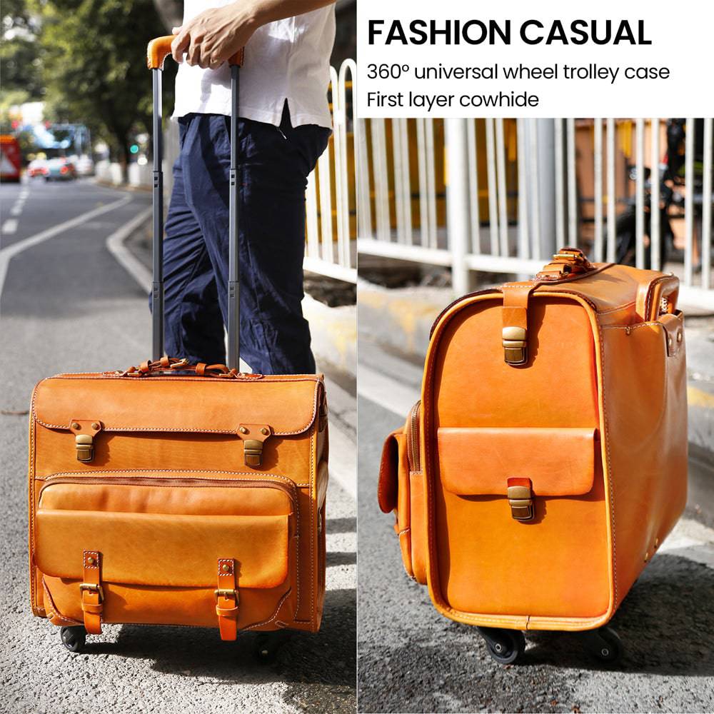 20" Vintage Vegetable Tanned Leather Carry-On Rolling Luggage, Universal Spinner Old Vintage Vegetable Tanned Leather Wheeled Suitcase Camel