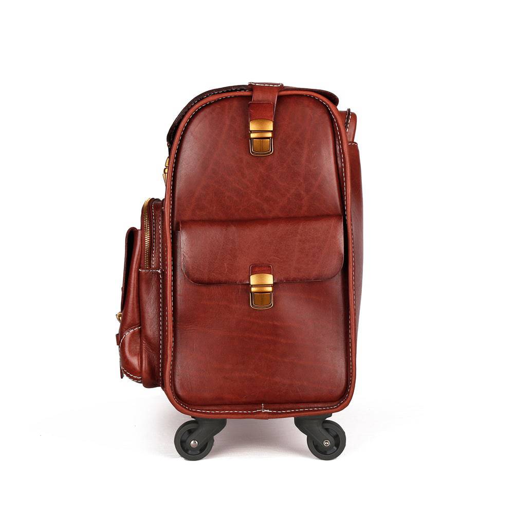 20" Vintage Vegetable Tanned Leather Carry-On Rolling Luggage, Universal Spinner Old Vintage Vegetable Tanned Leather Wheeled Suitcase Brown