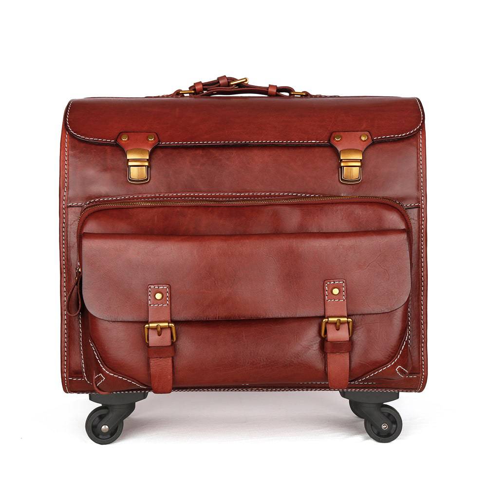 20" Vintage Vegetable Tanned Leather Carry-On Rolling Luggage, Universal Spinner Old Vintage Vegetable Tanned Leather Wheeled Suitcase Brown