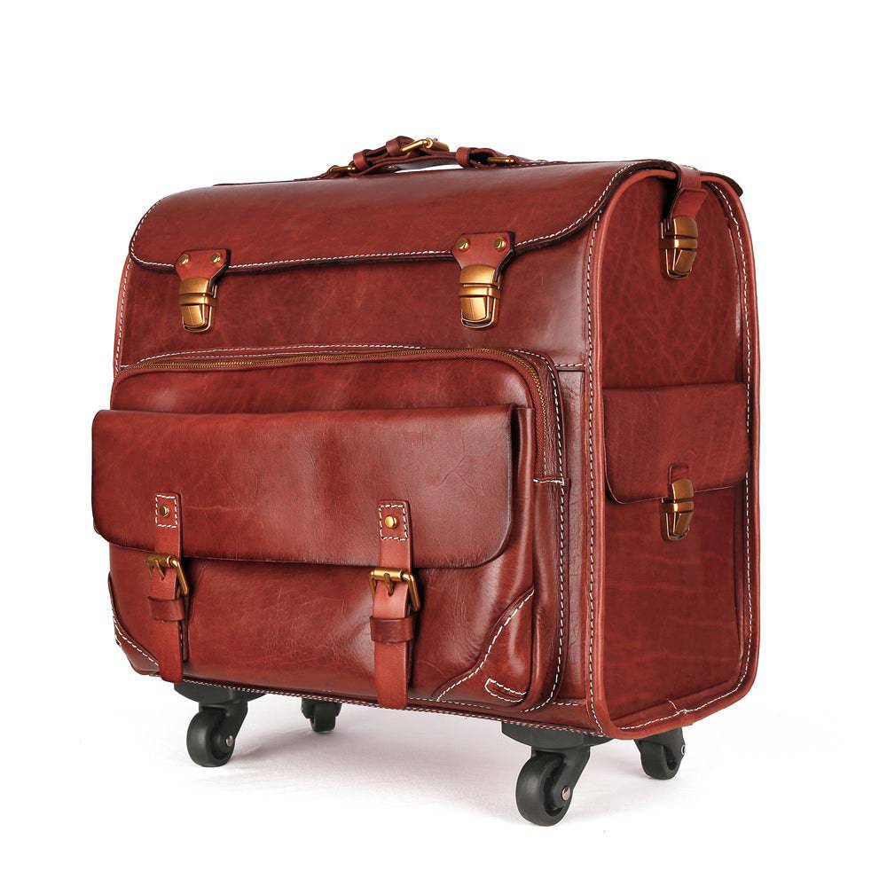 20" Vintage Vegetable Tanned Leather Carry-On Rolling Luggage, Universal Spinner Old Vintage Vegetable Tanned Leather Wheeled Suitcase Brown