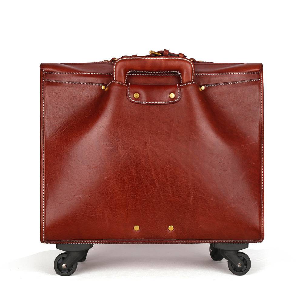 20" Vintage Vegetable Tanned Leather Carry-On Rolling Luggage, Universal Spinner Old Vintage Vegetable Tanned Leather Wheeled Suitcase Brown