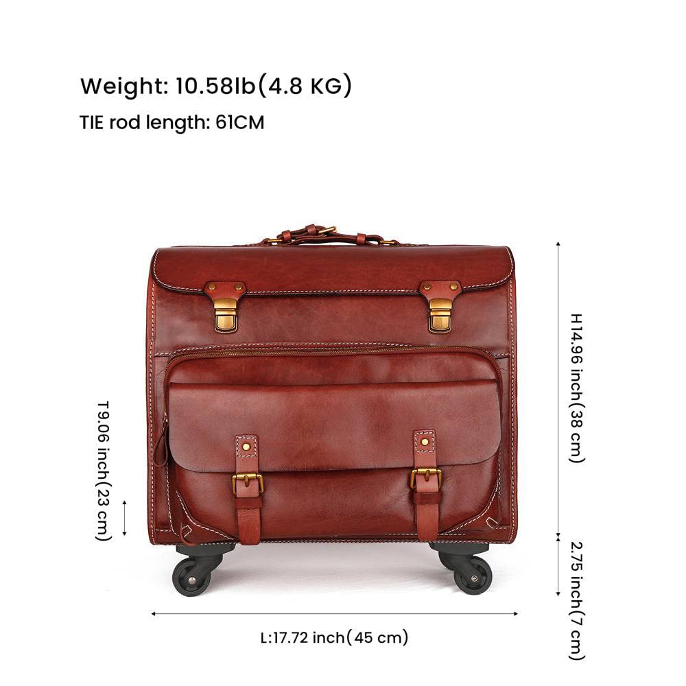 20" Vintage Vegetable Tanned Leather Carry-On Rolling Luggage, Universal Spinner Old Vintage Vegetable Tanned Leather Wheeled Suitcase Brown