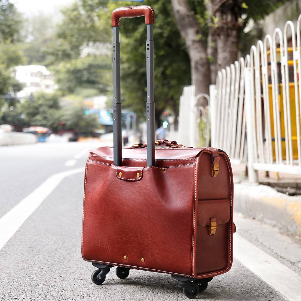 20" Vintage Vegetable Tanned Leather Carry-On Rolling Luggage, Universal Spinner Old Vintage Vegetable Tanned Leather Wheeled Suitcase Brown