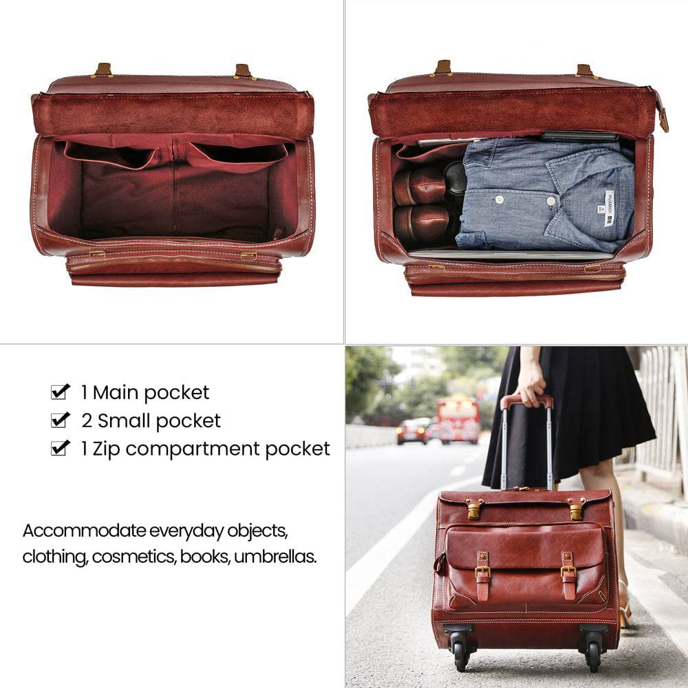 20" Vintage Vegetable Tanned Leather Carry-On Rolling Luggage, Universal Spinner Old Vintage Vegetable Tanned Leather Wheeled Suitcase Brown