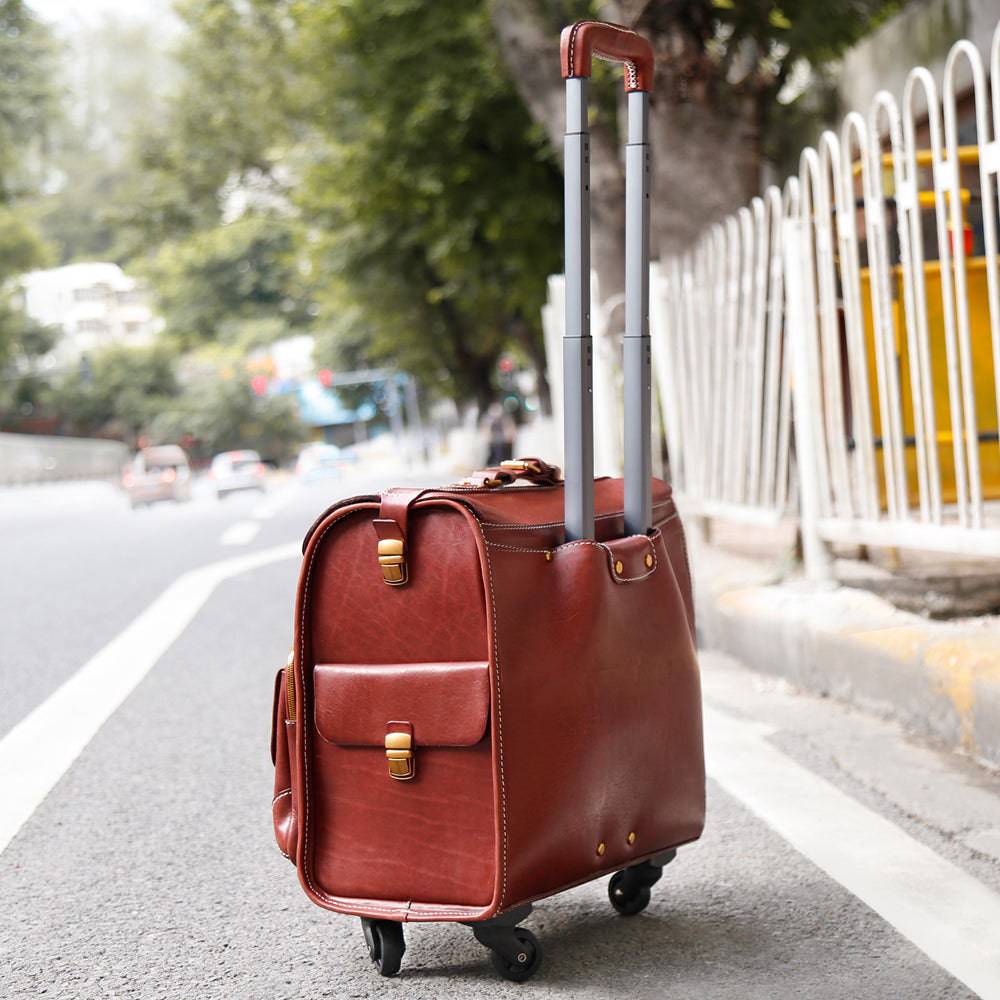 20" Vintage Vegetable Tanned Leather Carry-On Rolling Luggage, Universal Spinner Old Vintage Vegetable Tanned Leather Wheeled Suitcase Brown