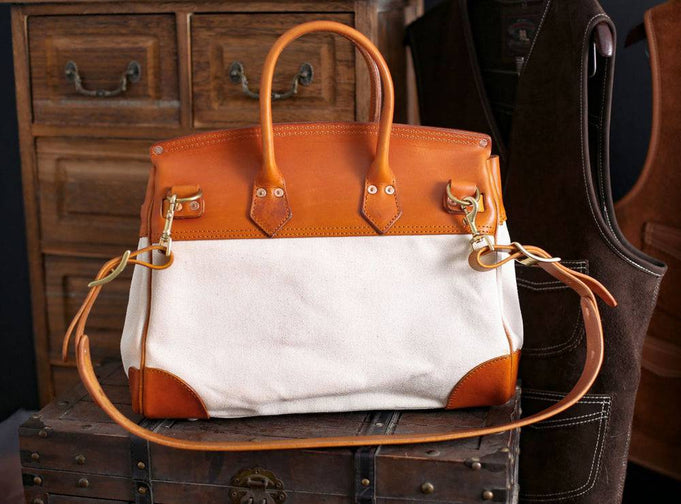 Womens Genuine Vintage Oil Wax Leather Top Handle Canvas Bag Large
