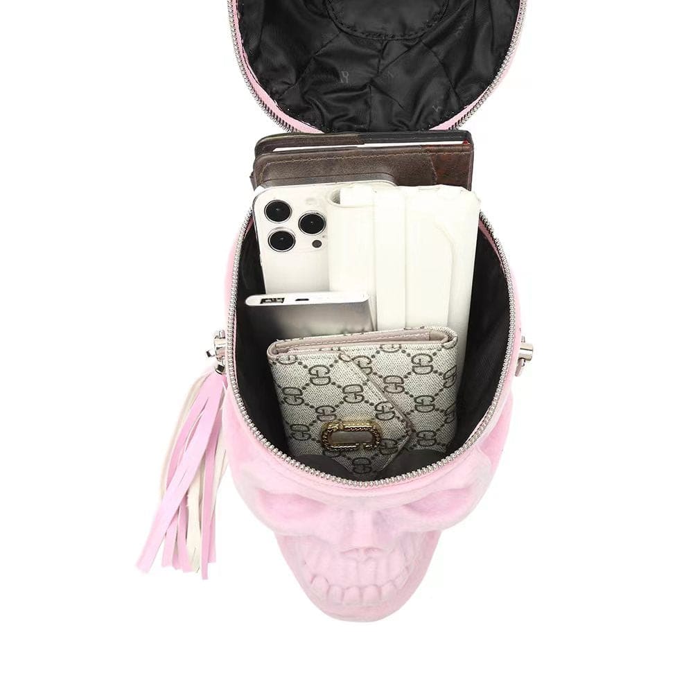 3D Bags Skull Cross Body Shoulder Bag Mini Handle Handbags Pink Suede