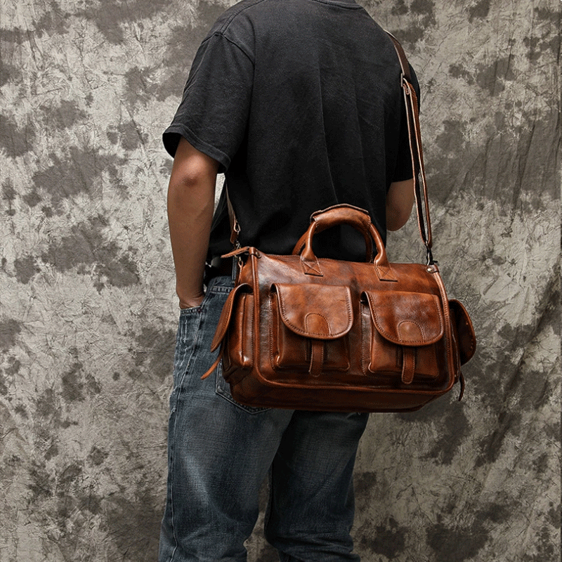 Vegetable Tanning Leather Postman Bag Briefcase Messenger Crossbody Bags