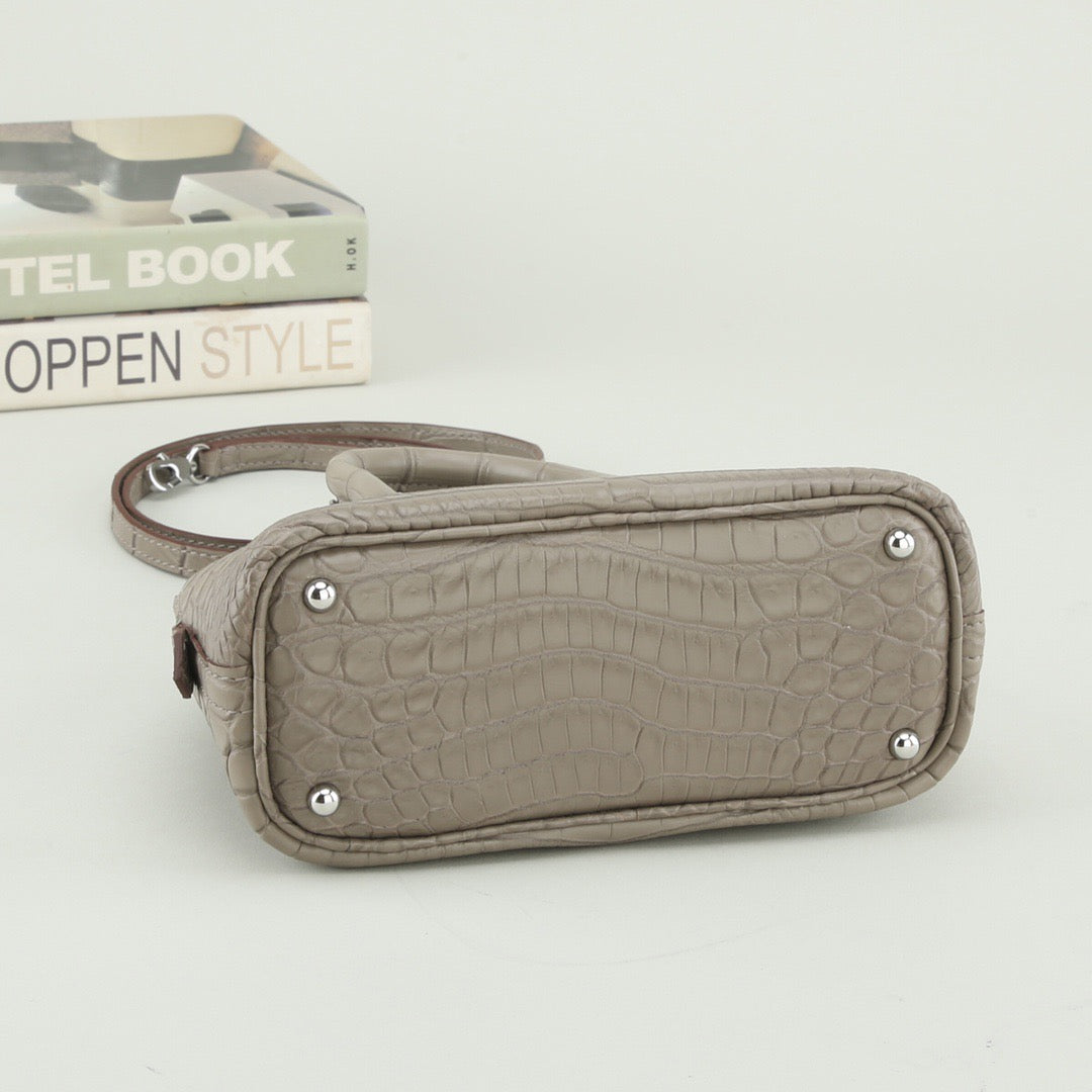 Prorder Genuine Crocodile Leather Shell Promennade Trapezoid Cross Body Bag Grey Small