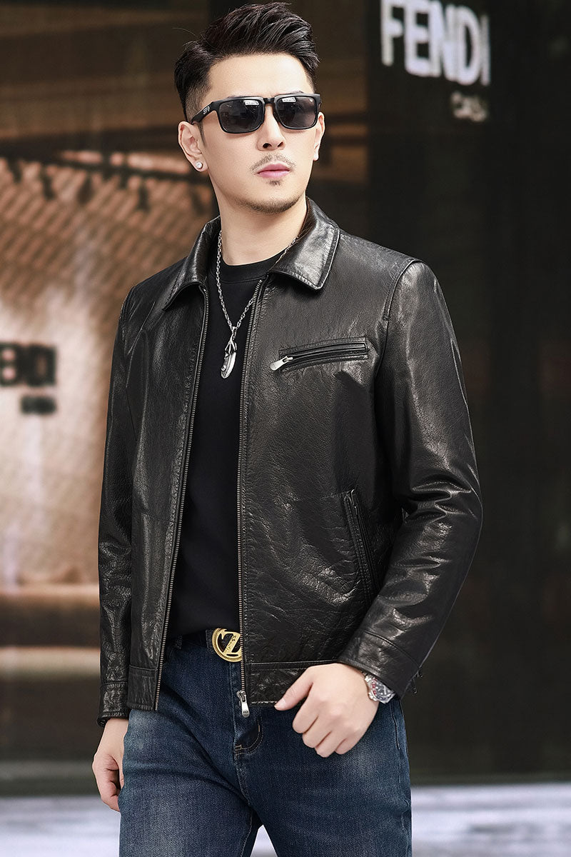 Leather Motorcycle Jacket ,Men Leather Classic Car Jacket Zipper Casual Coat Lapel ,Classic Male Slim Outwear Coats