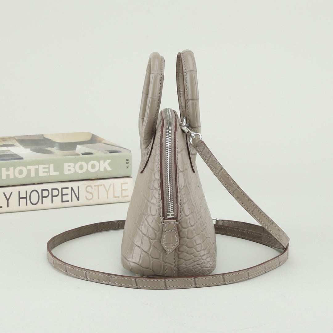 Prorder Genuine Crocodile Leather Shell Promennade Trapezoid Cross Body Bag Grey Small