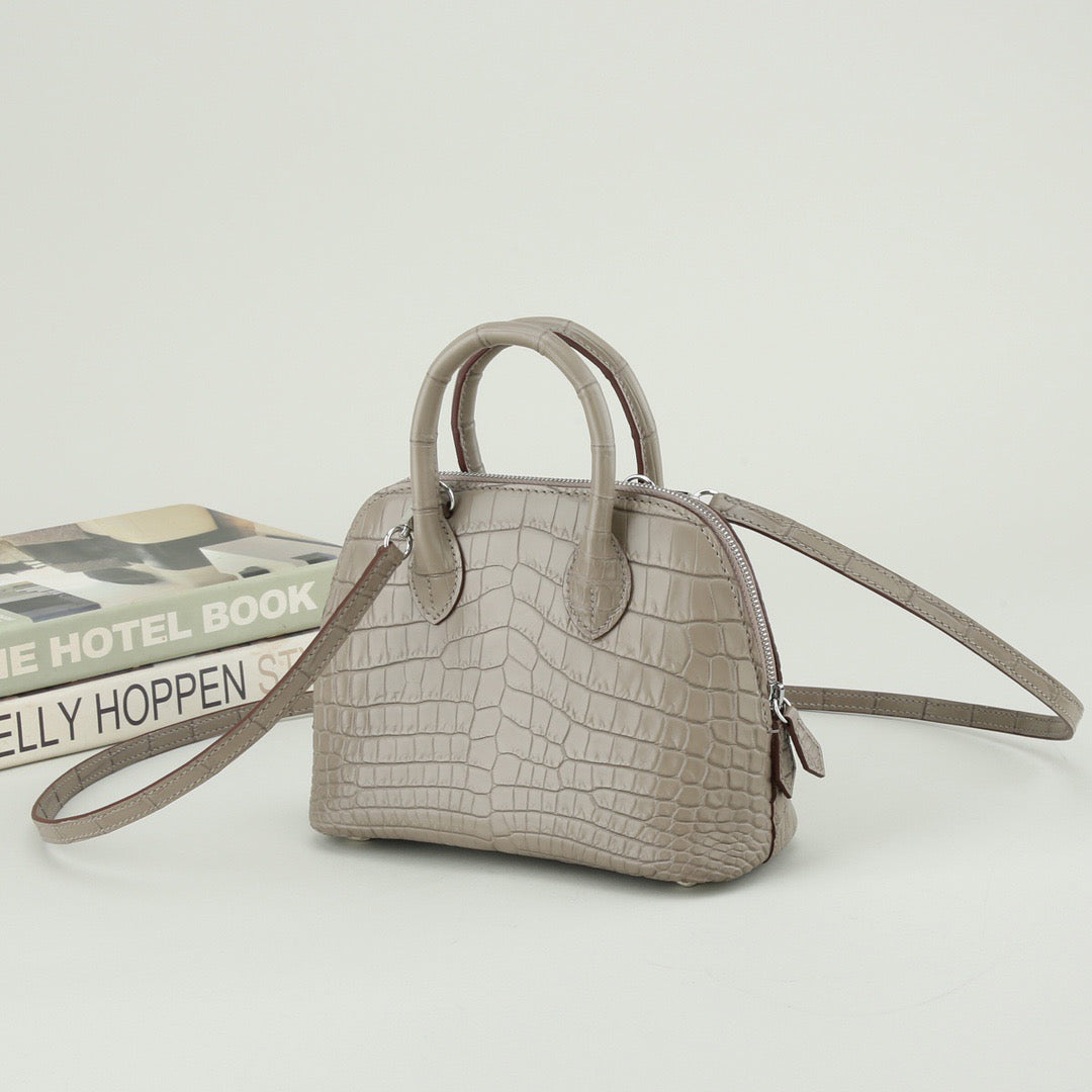 Prorder Genuine Crocodile Leather Shell Promennade Trapezoid Cross Body Bag Grey Small