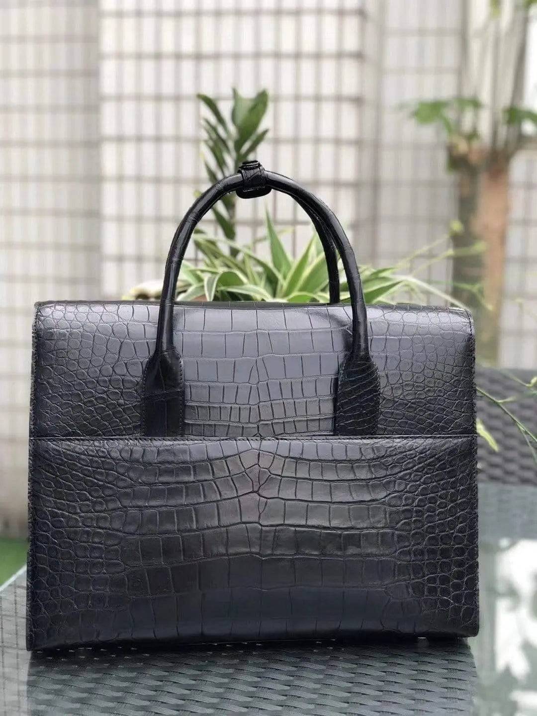 Black Genuine Crocodile Leather Foldover Briefcase