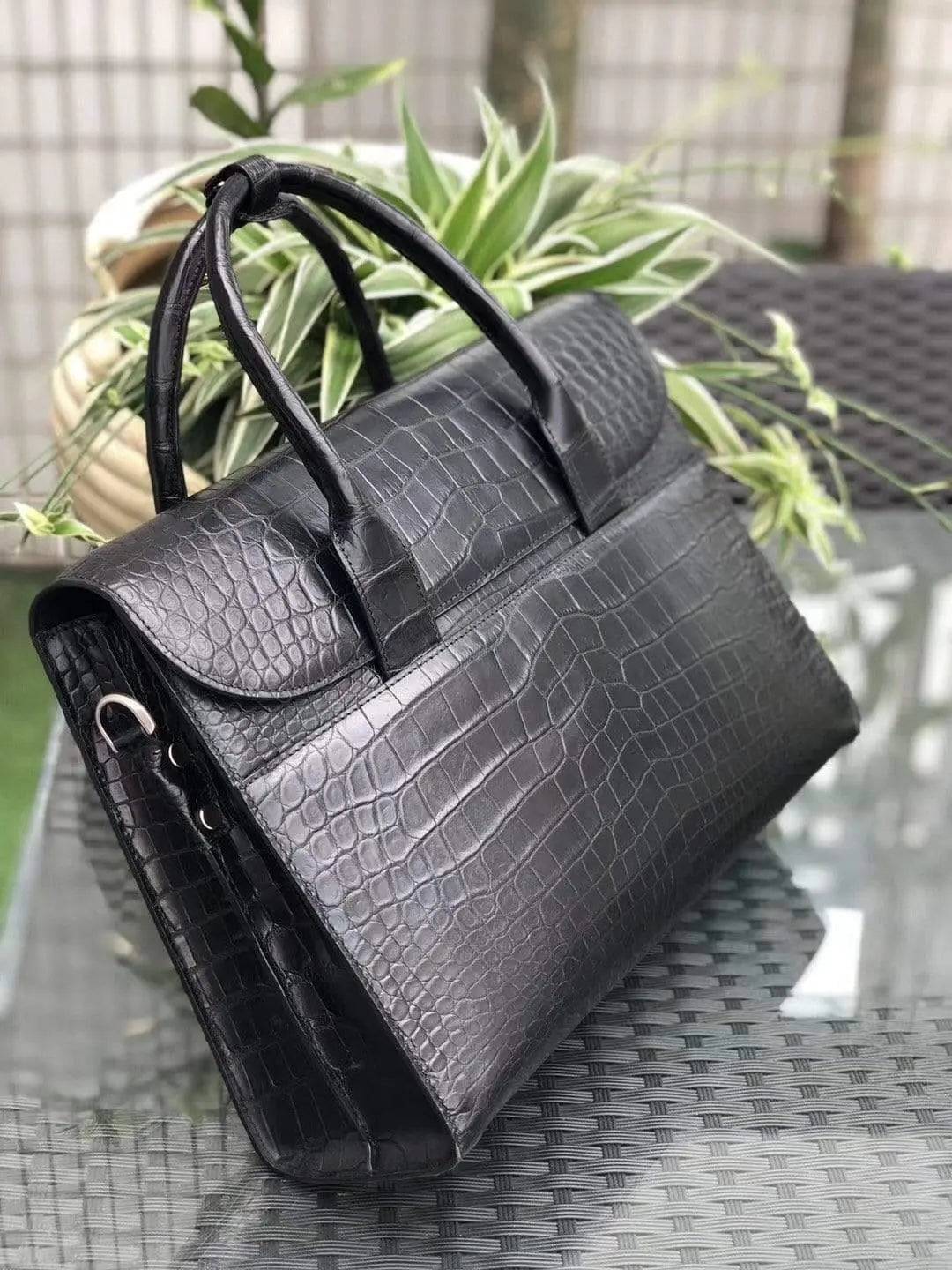 Black Genuine Crocodile Leather Foldover Briefcase