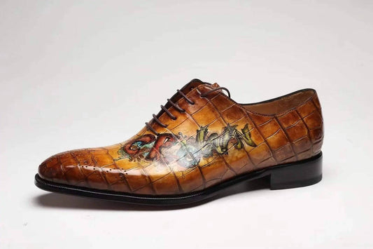 Crocodile Shoes Brown Crocodile Leather Shoes Men Lace Up Business Formal Dress Shoes With Hand Paiting Floral