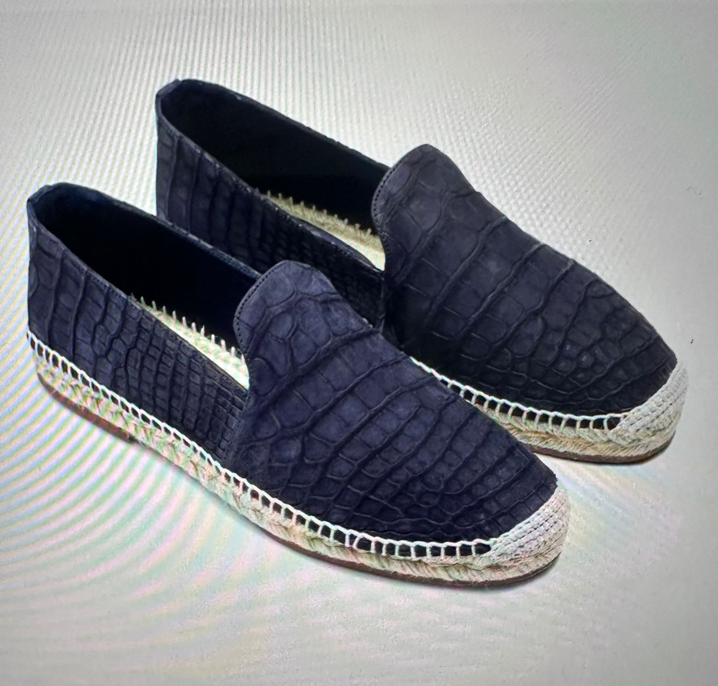 Nubuck Crocodile Skin Leather Raffia Espadrille Mules