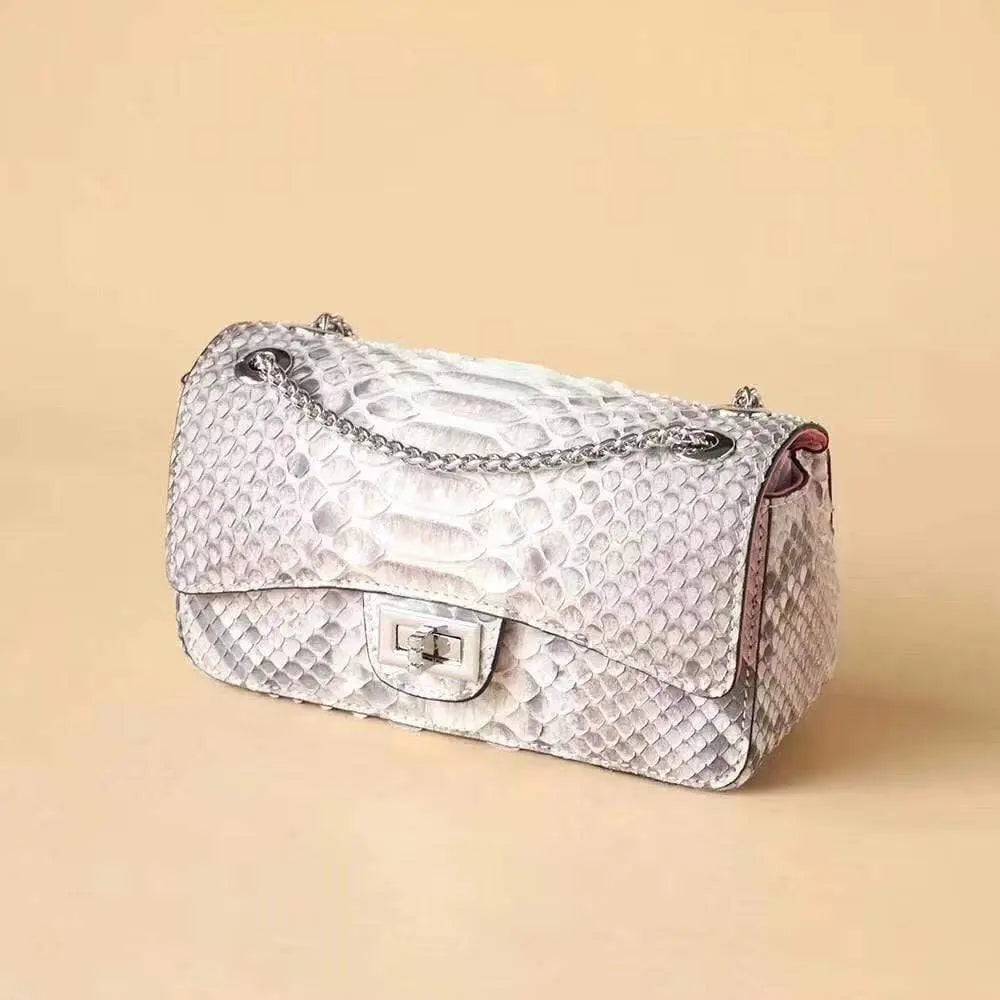 Classic Chain Double Flap Women's Genuine Python Leather Crossbody Shoulder Bag Grey