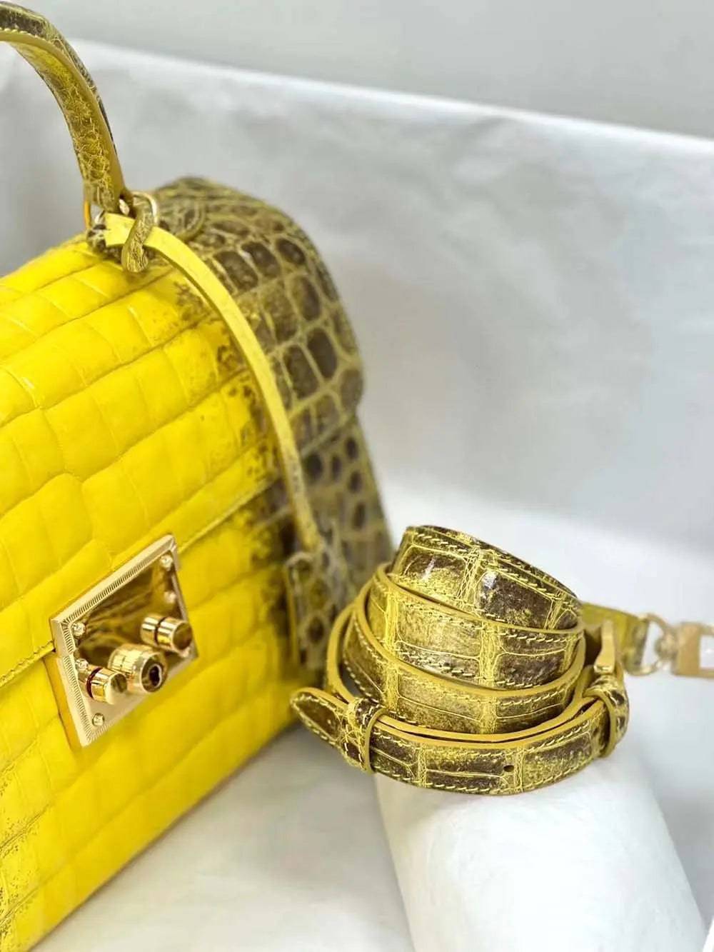 Crocodile Leather Top Handle Cross Body Bag  Himalaya Yellow