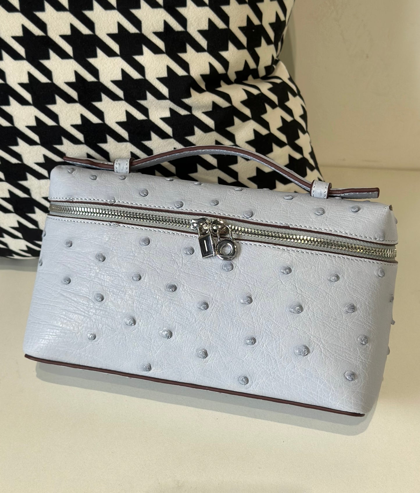 Genuine Ostrich Skin Leather Zipper Cosmetic Handle Bag