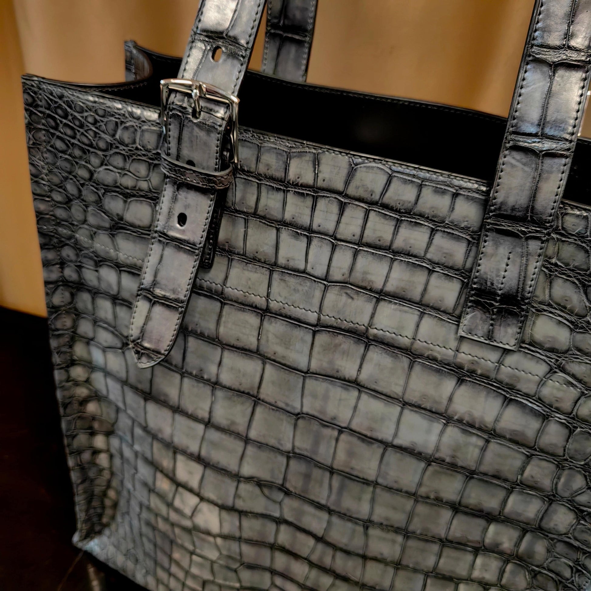 Unisex  Vintage Grey Crocodile Leather Large Shopper Tote  Bag