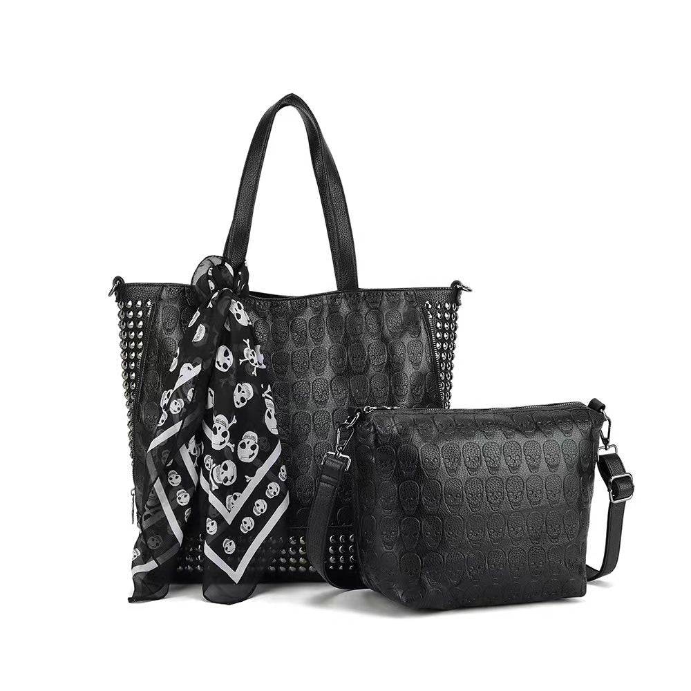 3D Large Shopper Bag,  Studded Embossed Skull Large Shopper Bag With Small Pouch & Scarf